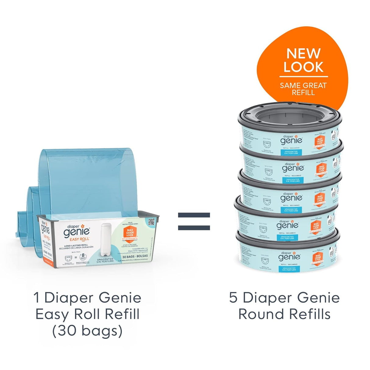 Diaper Genie Easy Roll Refill with 30 Bags, Holds up to 1410 Newborn Diapers per Refill