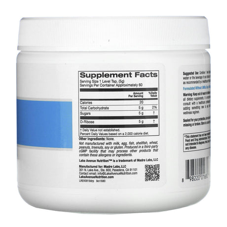 Lake Avenue Nutrition, D-Ribose Powder, Unflavored, 10.6 oz (300 g) - Supply Center USA