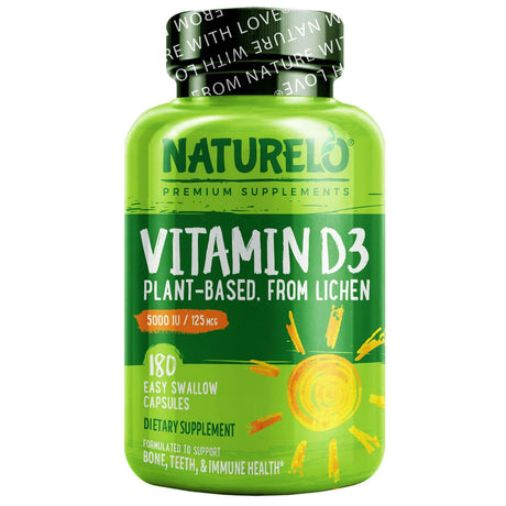 NATURELO, Vitamin D3, Plant Based from Lichen, 125 mcg (5,000 IU), 180 Easy Swallow Capsules - Supply Center USA