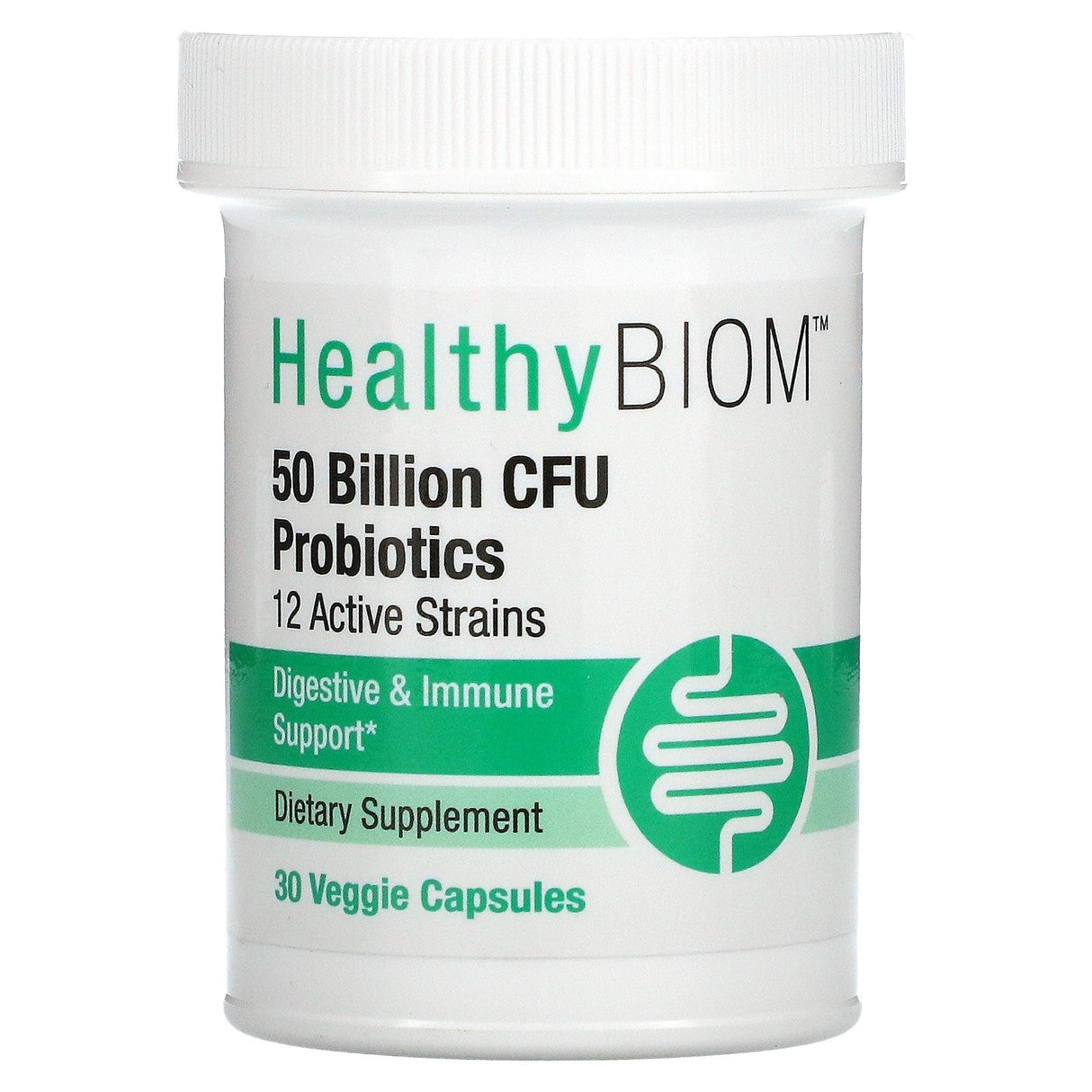 HealthyBiom, 50 Billion CFU Probiotics, 12 Active Strains, 30 Veggie Capsules - Supply Center USA