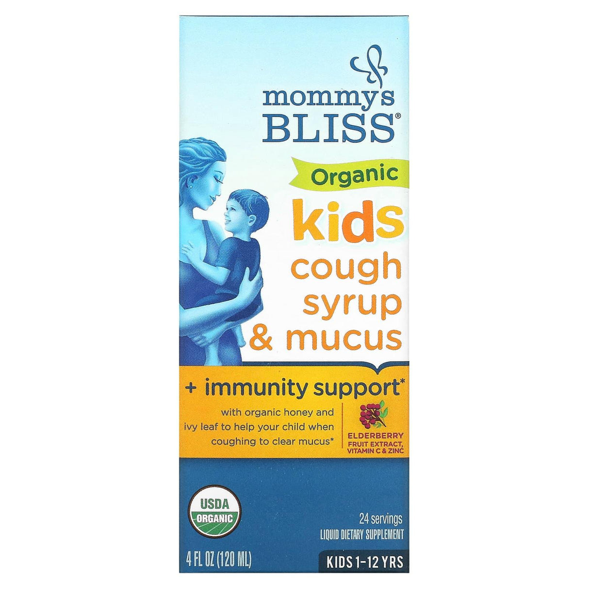 Mommy's Bliss, Kids, Organic Cough Syrup & Mucus + Immunity Support, 1-12 Yrs, Elderberry, 4 fl oz (120 ml) - Supply Center USA