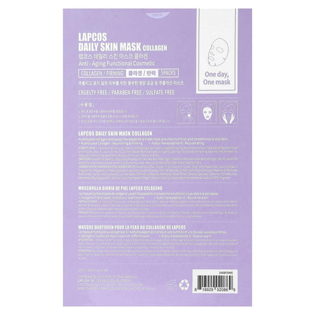 Lapcos, Collagen Firming Sheet Mask Set, 5 Sheets, 0.84 fl oz (25 ml) Each - Supply Center USA