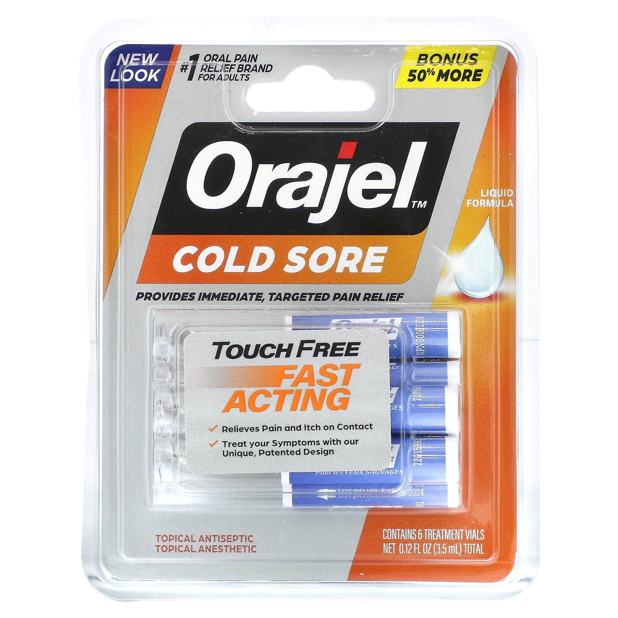 Orajel, Touch Free Cold Sore, 6 Treatment Vials, 0.12 fl oz (3.5 ml) - Supply Center USA