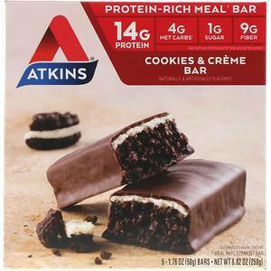 Atkins, Protein-Rich Meal Bar, Cookies n' Creme Bar, 5 Bars, 1.76 oz (50 g) Each - Supply Center USA