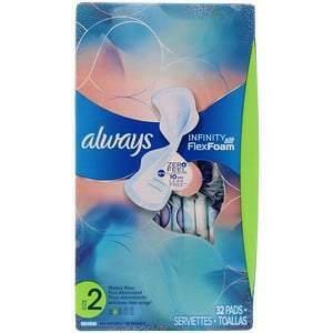 Always, Infinity Flex Foam with Flexi-Wings, Size 2, Heavy Flow, Unscented, 32 Pads - Supply Center USA