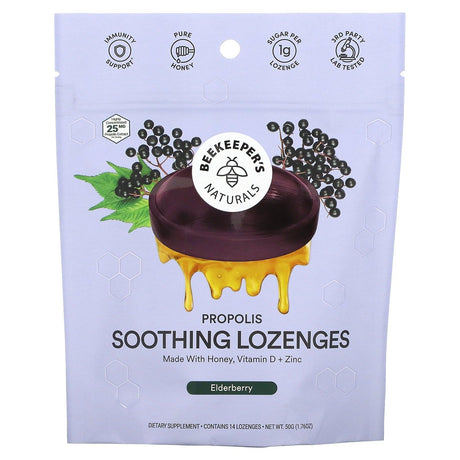 Beekeeper's Naturals, Propolis Soothing Lozenges, Elderberry, 14 Lozenges, 1.76 oz (50 g) - Supply Center USA