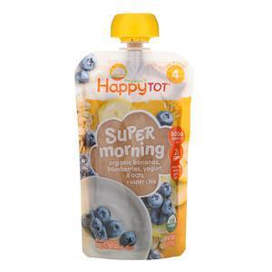 Happy Family Organics, Happy Tot, Super Morning, Fruit, Yogurt & Grain Blend, Organic Bananas, Blueberries, Yogurt & Oats + Super Chia, Stage 4, 4 oz (113 g) - Supply Center USA