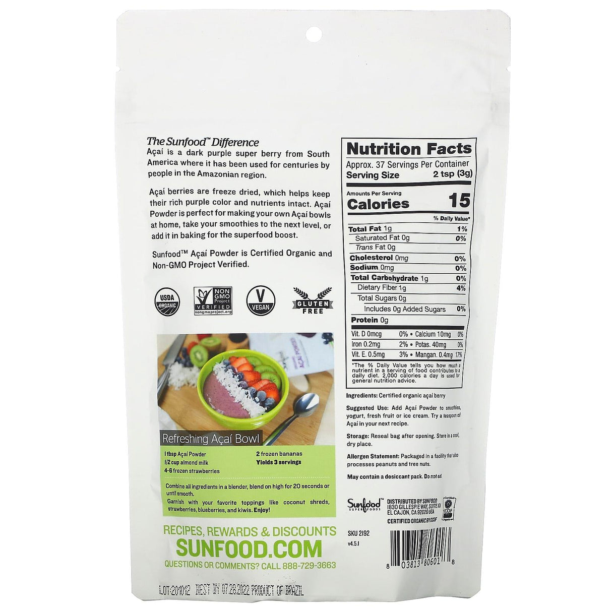 Sunfood, Organic Acai Powder, 4 oz (113 g) - Supply Center USA