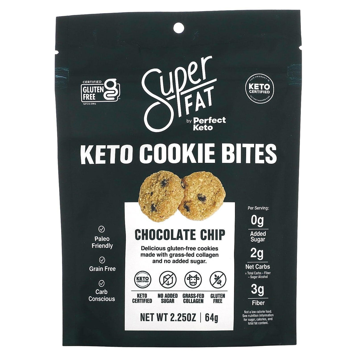 SuperFat, Keto Cookie Bites, Chocolate Chip, 2.25 oz (64 g) - Supply Center USA