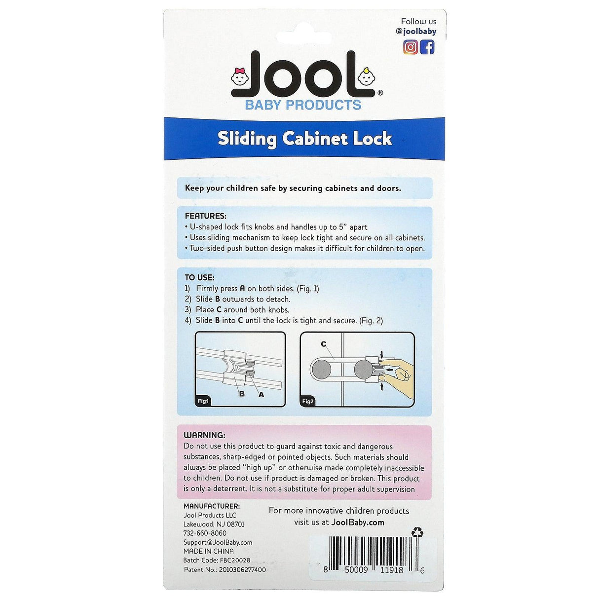 Jool Baby Products, Sliding Cabinet Lock, 4 Pack - Supply Center USA