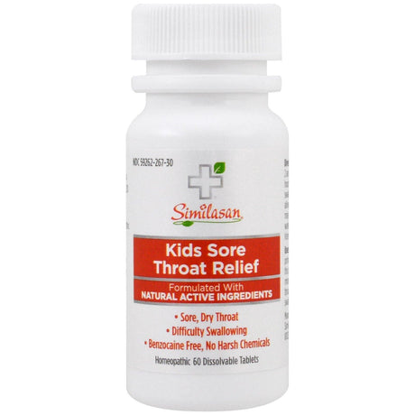 Similasan, Kids Sore Throat Relief, Guaiac Tree Actives, Kids 2+, 60 Dissolvable Tablets - Supply Center USA