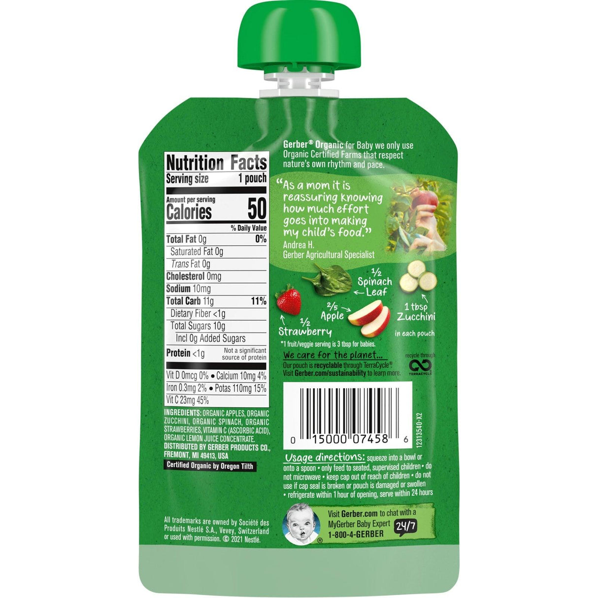 Gerber, Organic for Baby, 2nd Foods, Apple, Zucchini, Spinach, Strawberry, 3.5 oz (99 g) - Supply Center USA