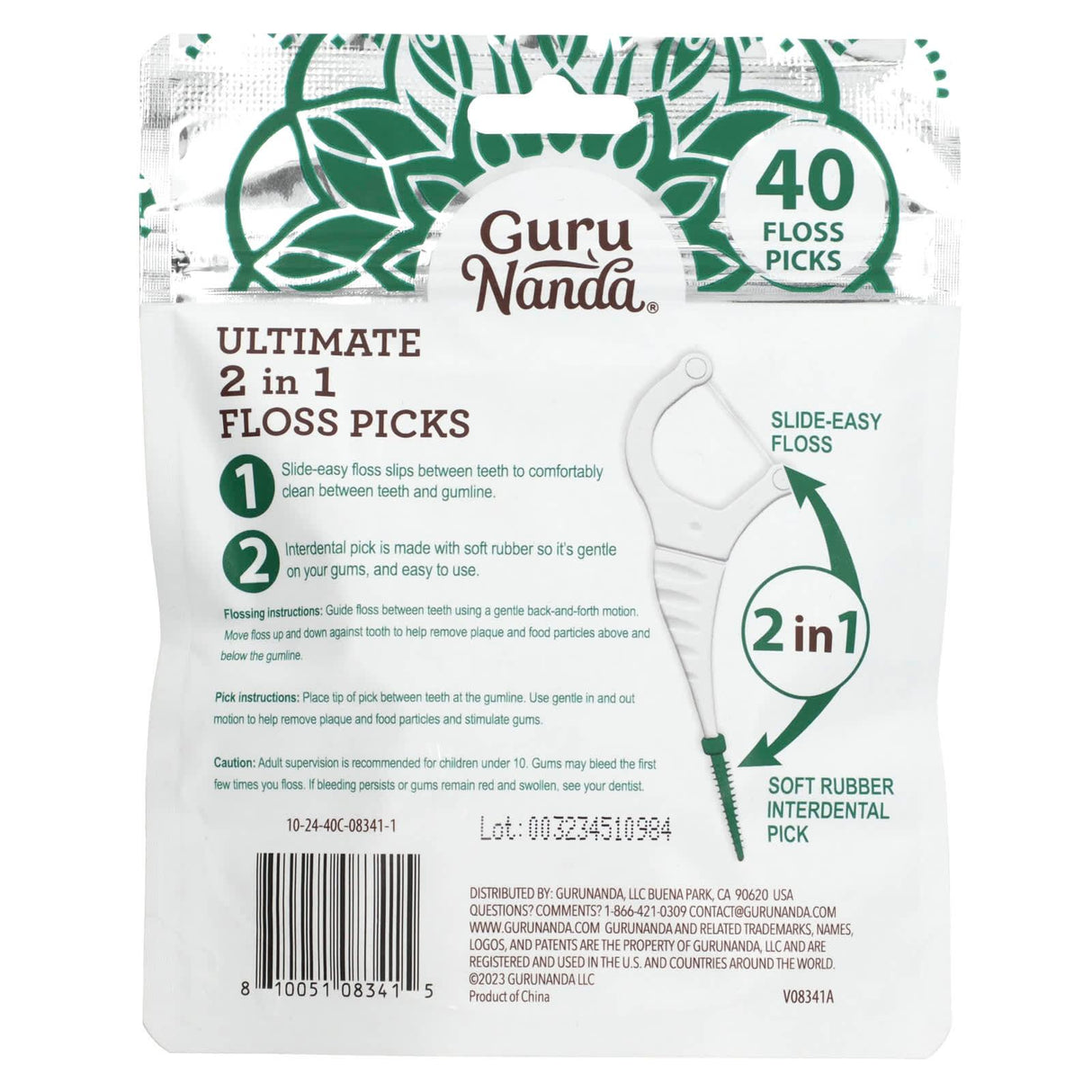 GuruNanda, Ultimate 2 in 1 Floss Picks, Wild Mint , 40 Floss picks - Supply Center USA