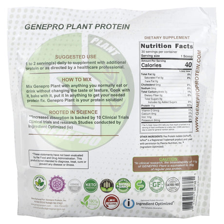 GENEPRO, Plant The Protein Solution, Unflavored, 325 g - Supply Center USA