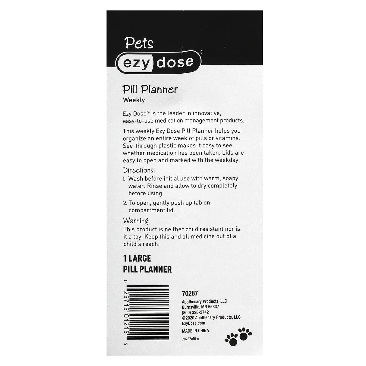 Ezy Dose, Pets, Weekly Pill Planner, Cats, Large, 1 Count - Supply Center USA