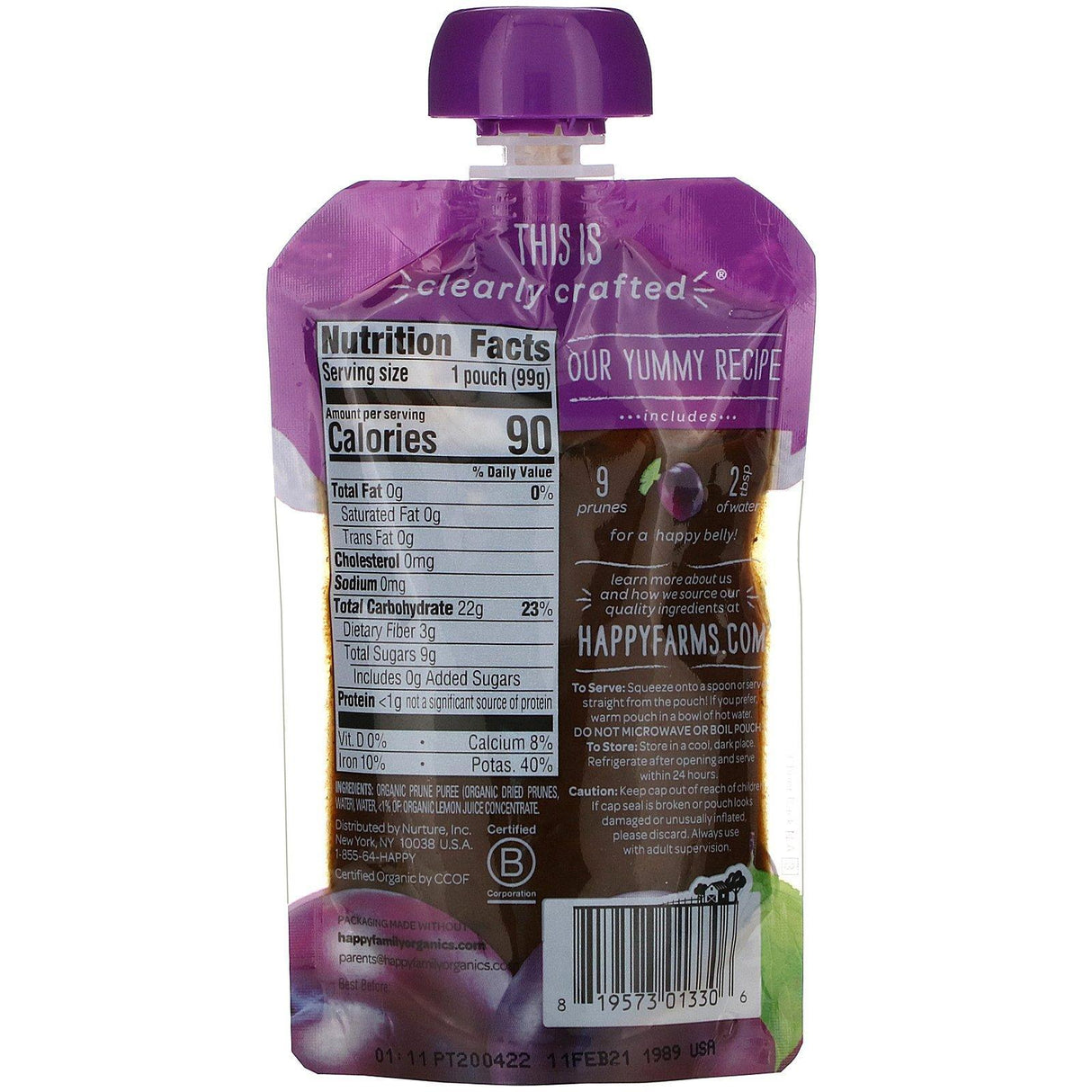 Happy Family Organics, Organic Baby Food, Stage 1, Clearly Crafted, Prunes, 4 + Months, 3.5 oz (99 g) - Supply Center USA