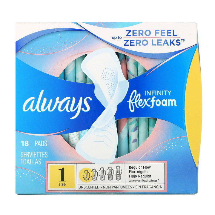 Always, Infinity Flex Foam with Wings, Size 1, Regular Flow, Unscented, 18 Pads - HealthCentralUSA