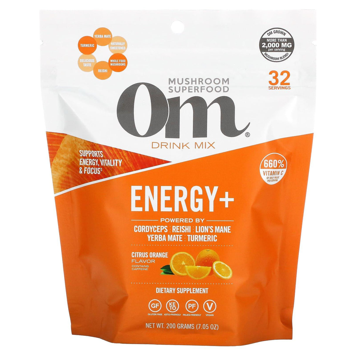 Om Mushrooms, Energy+ Drink Mix, Citrus Orange , 7.05 oz (200 g) - Supply Center USA