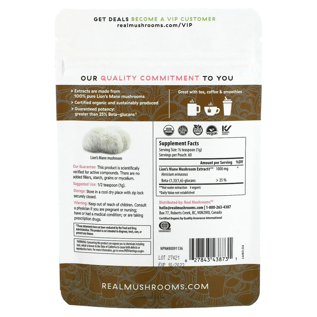 Real Mushrooms, Lion's Mane, Cognition, Bulk Powder, 2.12 oz (60 g) - Supply Center USA