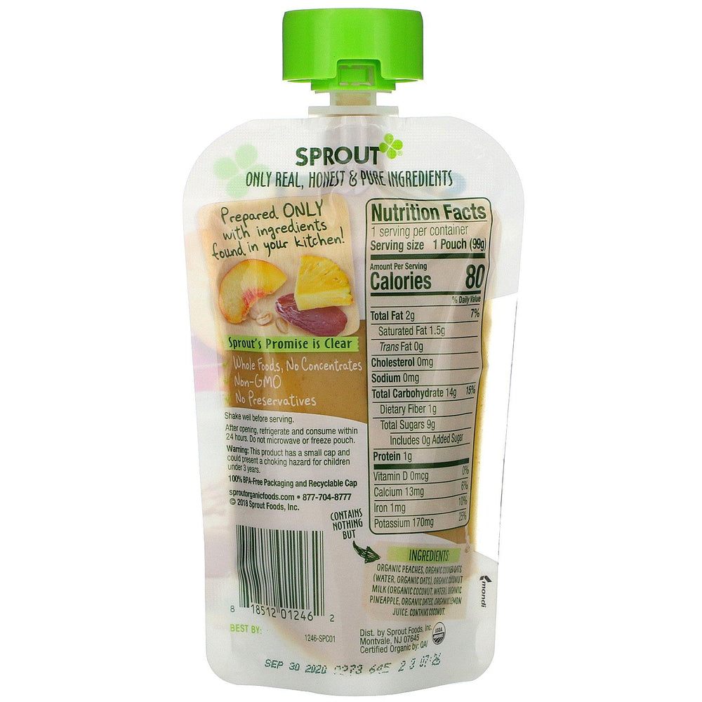 Sprout Organic, Baby Food, 6 Months & Up, Peach Oatmeal with Coconut Milk & Pineapple, 3.5 oz (99 g) - HealthCentralUSA