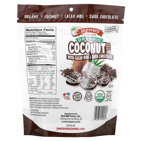 Jennies Macaroons, Organic Coconut Bites, with Cacao Nibs & Dark Chocolate, 5.25 oz (149 g) - Supply Center USA