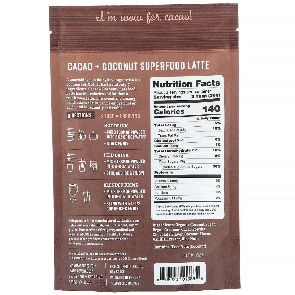 Hana Beverage, Cacao & Coconut Latte, Non-Coffee Superfood Beverage, 3.3 oz (93.6 g) - Supply Center USA