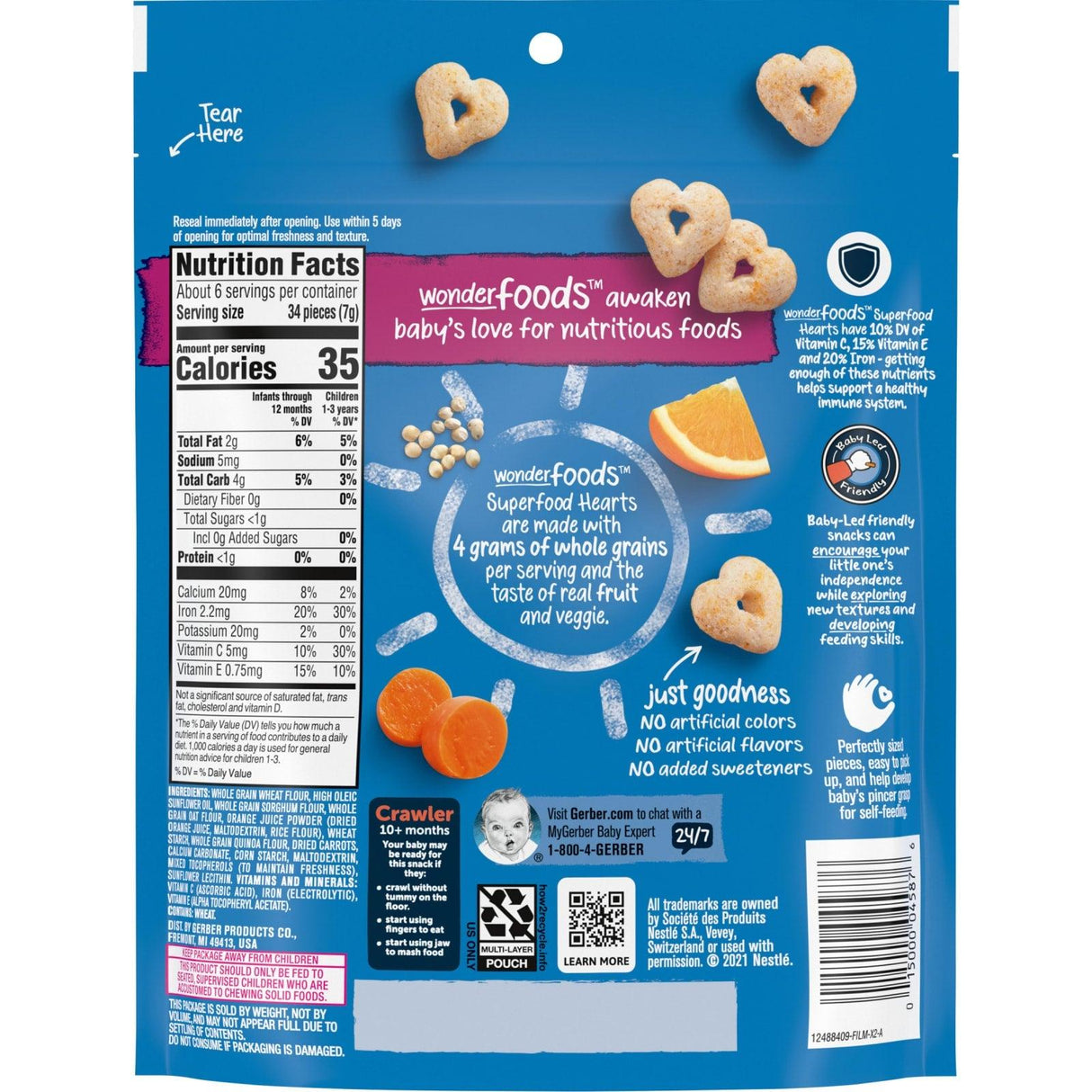 Gerber, Snacks for Baby, Wonder Foods, SuperFood Hearts, 10+ Months, Quinoa Orange and Carrot, 1.48 oz (42 g) - Supply Center USA