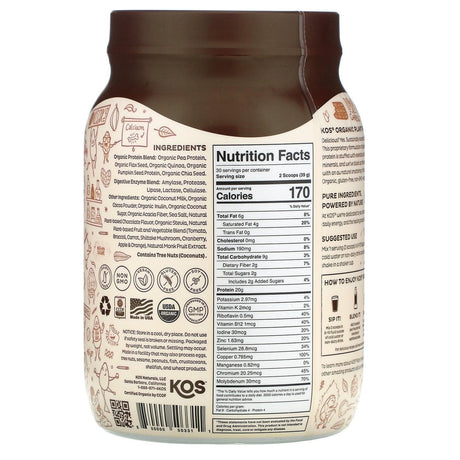 KOS, Organic Plant Protein, Chocolate, 2.6 lb (1,170 g) - Supply Center USA