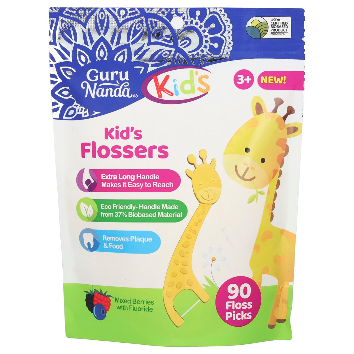 GuruNanda, Kids, Kid's Flossers, Ages 3+, Mixed Berries With Flouride, 90 Floss Picks - Supply Center USA