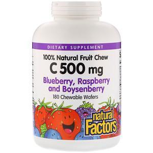 Natural Factors, 100% Natural Fruit Chew Vitamin C, Blueberry, Raspberry and Boysenberry, 500 mg, 180 Chewable Wafers - Supply Center USA