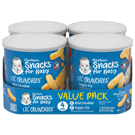 Gerber, Snacks for Baby, Lil' Crunchies, Baked Grain Snack, 8+ Months, Mild Cheddar and Veggie Dip, 4 Canisters, 1.48 oz (42 g) Each - Supply Center USA