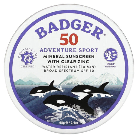 Badger Company, Adventure Sport, Mineral Sunscreen with Clear Zinc, SPF 50, Unscented, 2.4 oz (68 g) - Supply Center USA