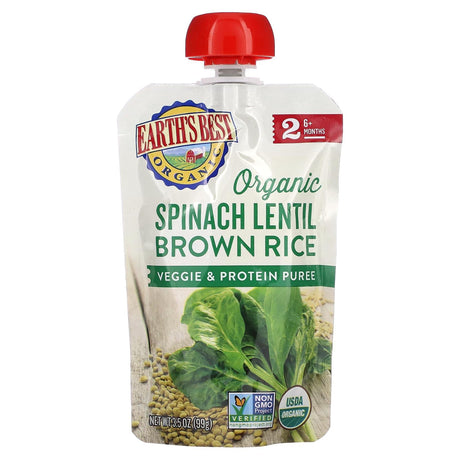 Earth's Best, Organic Veggie & Protein Puree, 6+ Months, Spinach Lentil Brown Rice, 3.5 oz (99 g) - Supply Center USA