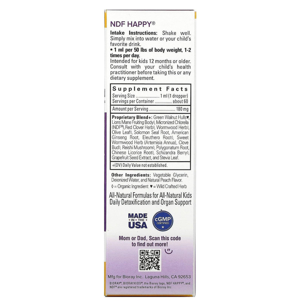 Bioray, NDF Happy, Removes Unwanted Organisms & Toxins, Kids, Peach Flavor, 2 fl oz. (60 ml) - Supply Center USA