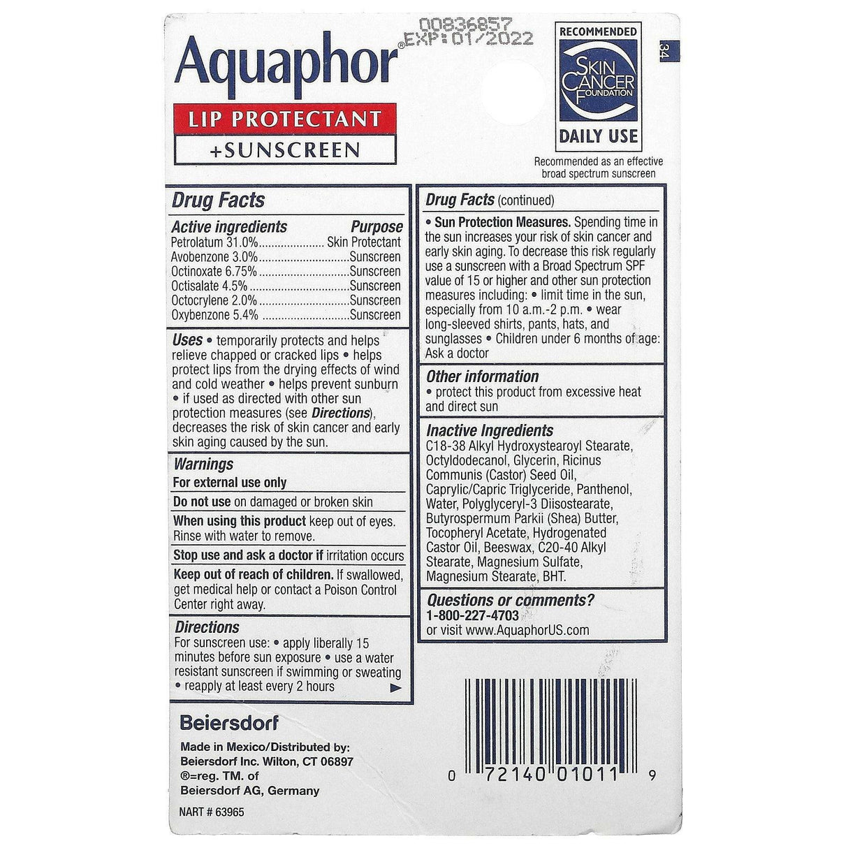 Aquaphor, Lip Protectant + Sunscreen, Broad Spectrum SPF 30, 0.35 fl oz (10 ml) - Supply Center USA