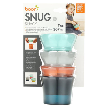 Boon, Snug Snack, Universal Silicone Snack Lid with Cup, 9m+, 2 Cups & 2 Lids, 7 oz (207 ml) Each - Supply Center USA