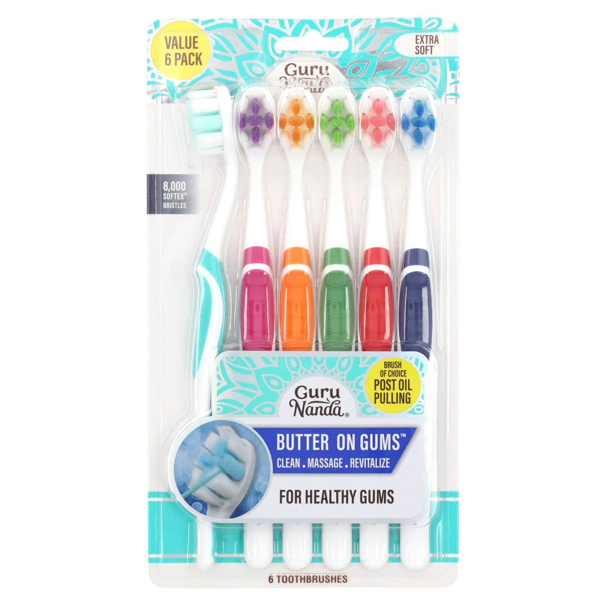 GuruNanda, Bristle Toothbrush Multi-Pack, Extra Soft, 6 Toothbrushes - Supply Center USA