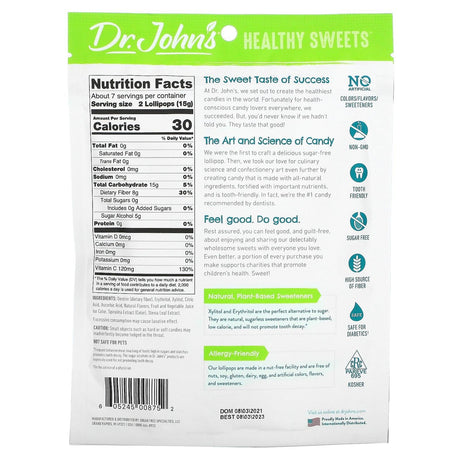 Dr. John's Healthy Sweets, Lollipops, + Fiber & Vitamin C, Blue Raspberry, Grape & Cherry, Sugar Free, 3.7 oz (105 g) - Supply Center USA