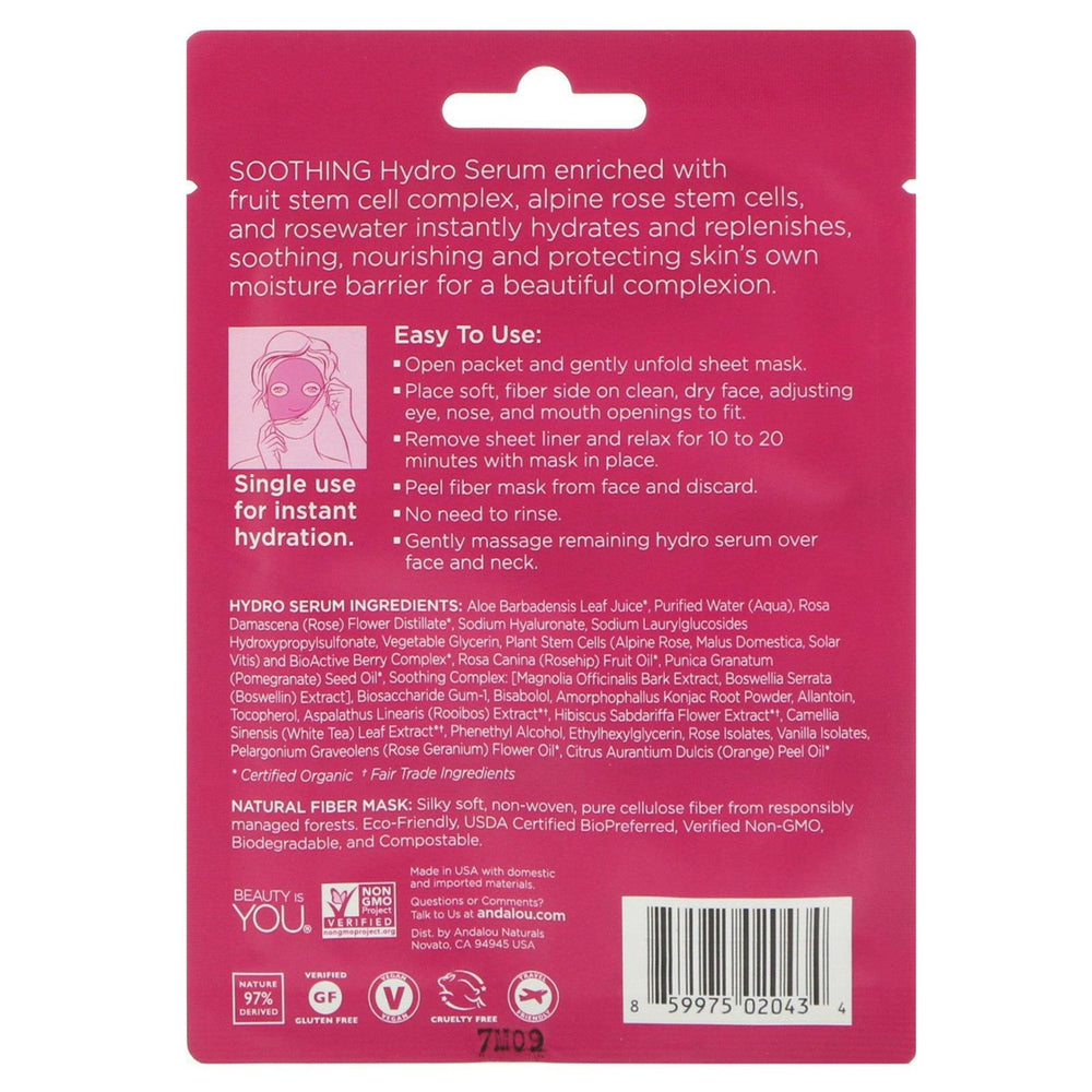 Andalou Naturals, Instant Hydration, Hydro Serum Beauty Facial Mask, 1 Single Use Fiber Sheet Mask, .6 fl oz (18 ml) - HealthCentralUSA