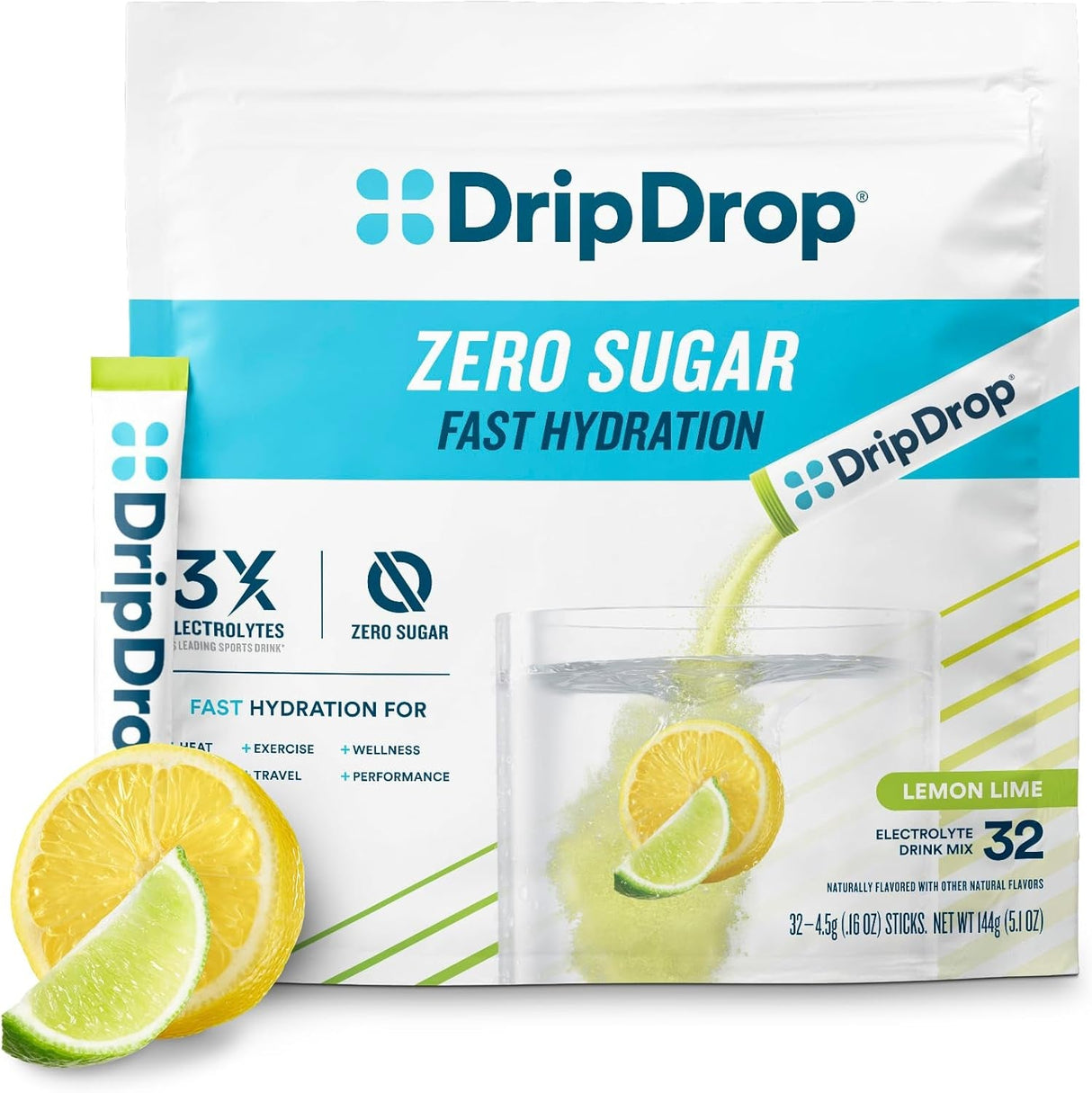 Dripdrop Hydration - Zero Sugar Lemon Lime - Electrolyte Drink Mix Single Serve Hydration Powder Packets | Non-Gmo, Gluten Free, Vegan | 32 Sticks