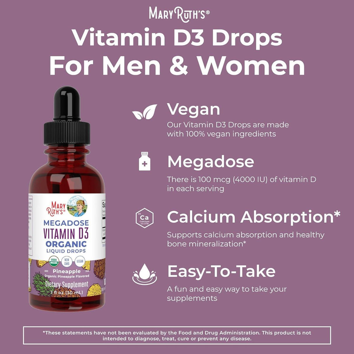 Maryruth Organics Vitamin D3 Liquid Drops | Megadose 4000 IU | USDA Organic Liquid Vitamin D Spray for Adults & Kids | Immune Support & Bone Health | Vegan | Gluten Free | Non-Gmo | 30 Servings - Supply Center USA