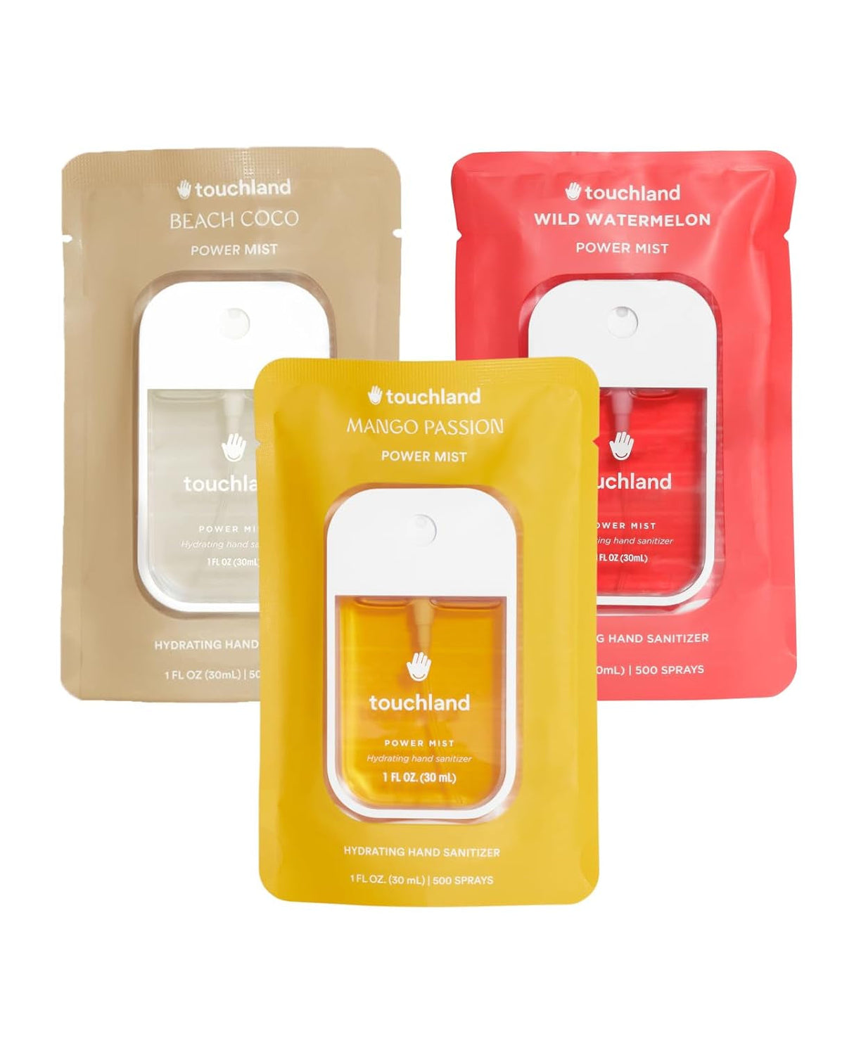 Touchland Power Mist Hydrating Hand Sanitizer Spray, JUICY 3-Pack (Watermelon, Peach, Berry), 500-Sprays Each, 1Fl Oz Travel Size (Set of 3)