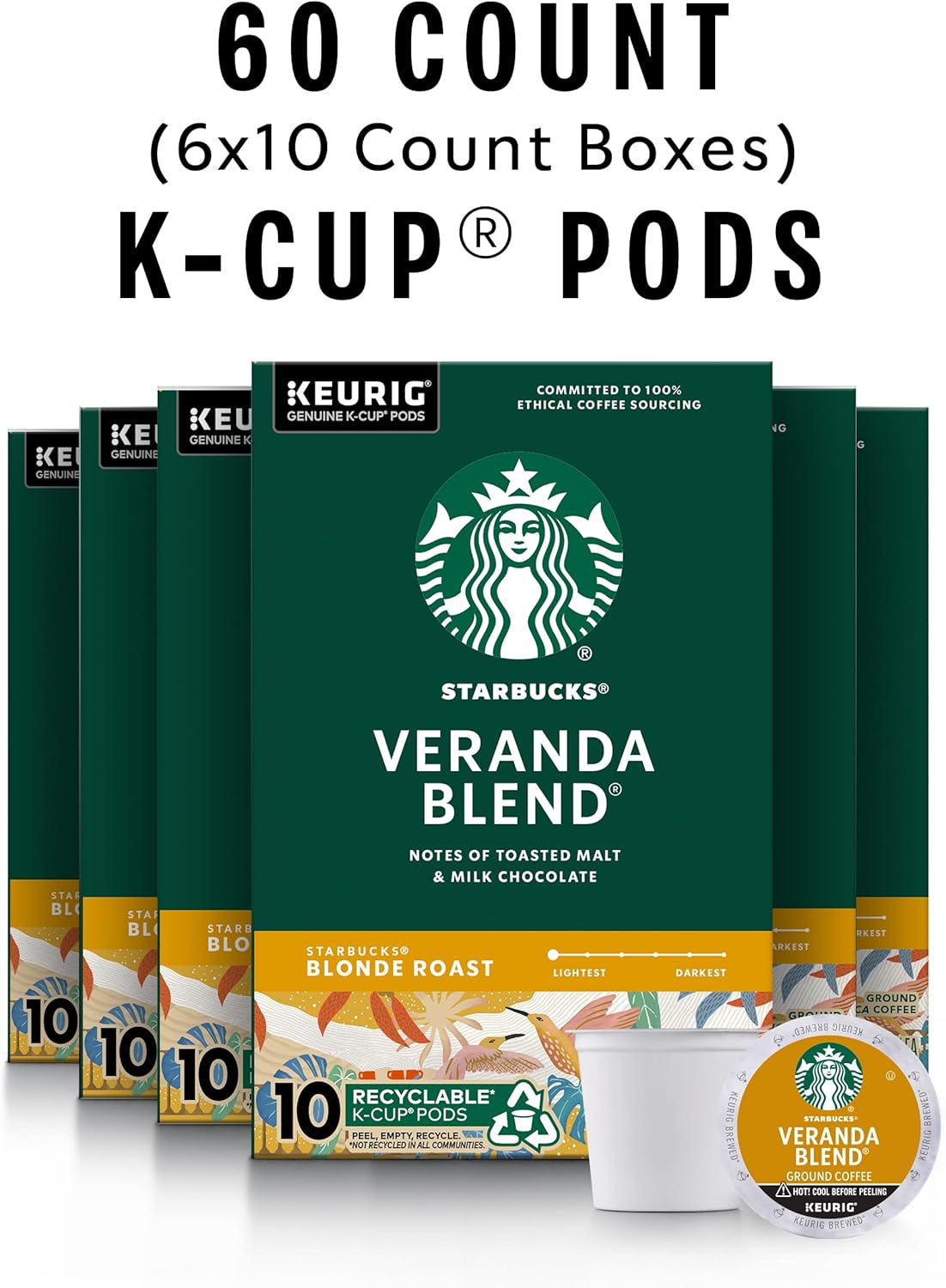 Starbucks K-Cup Coffee Pods, Starbucks Blonde Roast Coffee, Veranda Blend for Keurig Brewers, 100% Arabica, 6 Boxes (60 Pods Total)