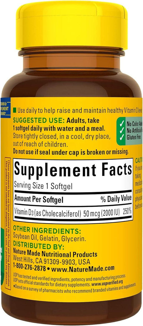 Nature Made Vitamin D3 2000 IU (50 Mcg), Dietary Supplement for Bone, Teeth, Muscle and Immune Health Support, 90 Softgels, 90 Day Supply - Supply Center USA