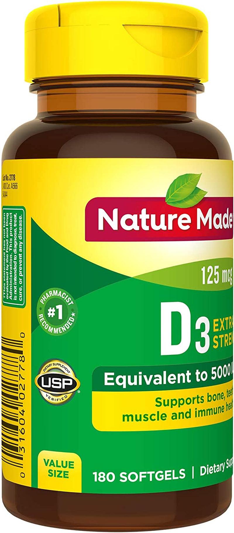 Nature Made Extra Strength Vitamin D3 5000 IU (125 Mcg), Dietary Supplement for Bone, Teeth, Muscle and Immune Health Support, 180 Softgels, 180 Day Supply - Supply Center USA