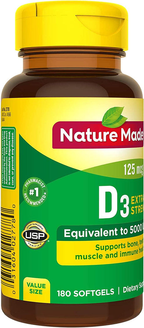 Nature Made Extra Strength Vitamin D3 5000 IU (125 Mcg), Dietary Supplement for Bone, Teeth, Muscle and Immune Health Support, 180 Softgels, 180 Day Supply - Supply Center USA