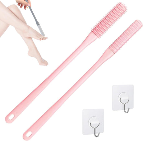 2 Pack Toe Cleaning Brush,Silicone Foot Scrubber for Shower with 15.7" Long Handle Soft Cleaning Bath Brush Feet Cleaner Scrub Foot Care for Seniors,Elderly, Men and Women (Pink)