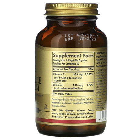 Solgar, Vitamin Dry E with Yeast Free Selenium, 100 Vegetable Capsules - Supply Center USA