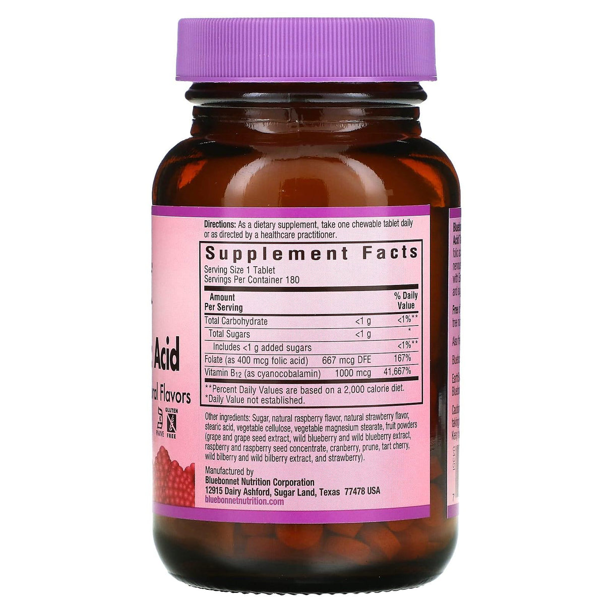 Bluebonnet Nutrition, EarthSweet Chewables, Vitamin B-12 & Folic Acid, Raspberry , 180 Chewable Tablets - Supply Center USA