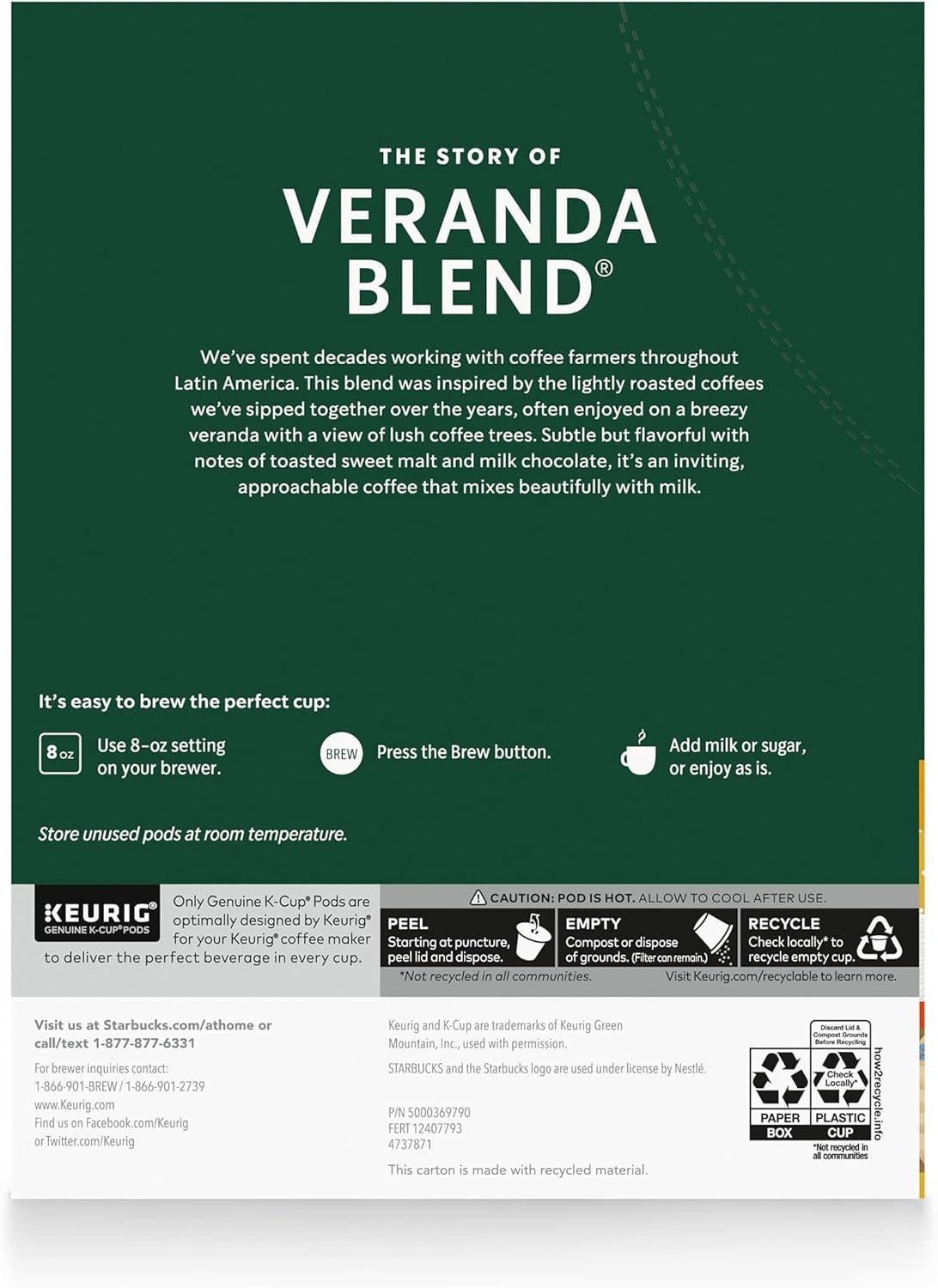 Starbucks K-Cup Coffee Pods, Starbucks Blonde Roast Coffee, Veranda Blend for Keurig Brewers, 100% Arabica, 6 Boxes (60 Pods Total)